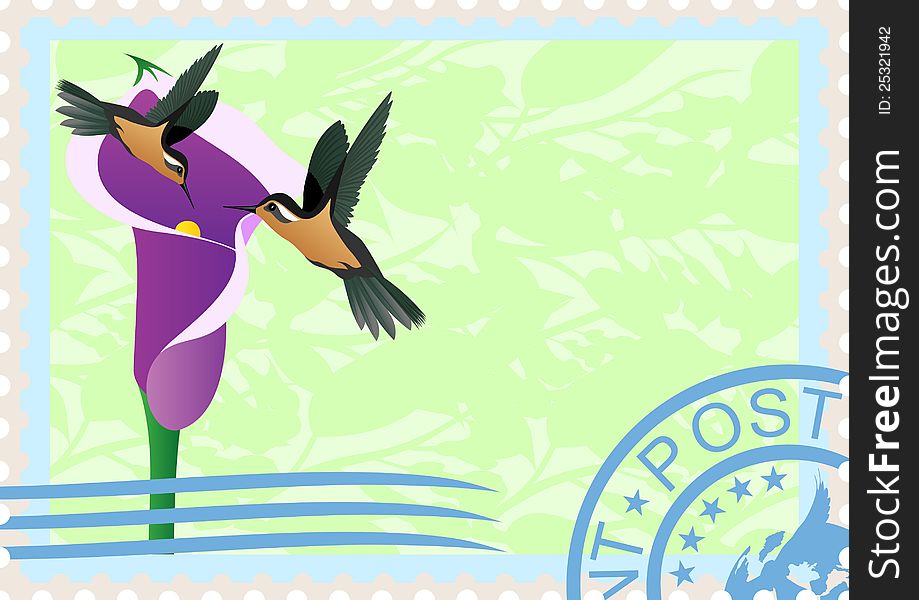 Postage stamp with a picture of a hummingbird and the postal stamp. Postage stamp with a picture of a hummingbird and the postal stamp.