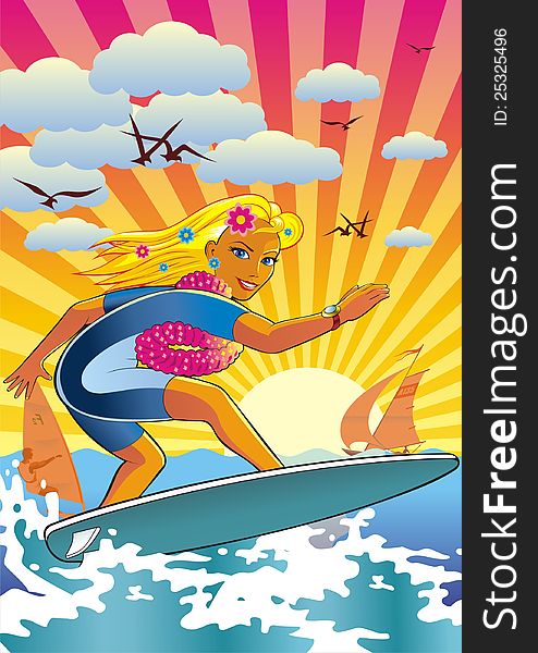 Illustration of an active lifestyle, she rides his surfboard on the waves. Illustration of an active lifestyle, she rides his surfboard on the waves.
