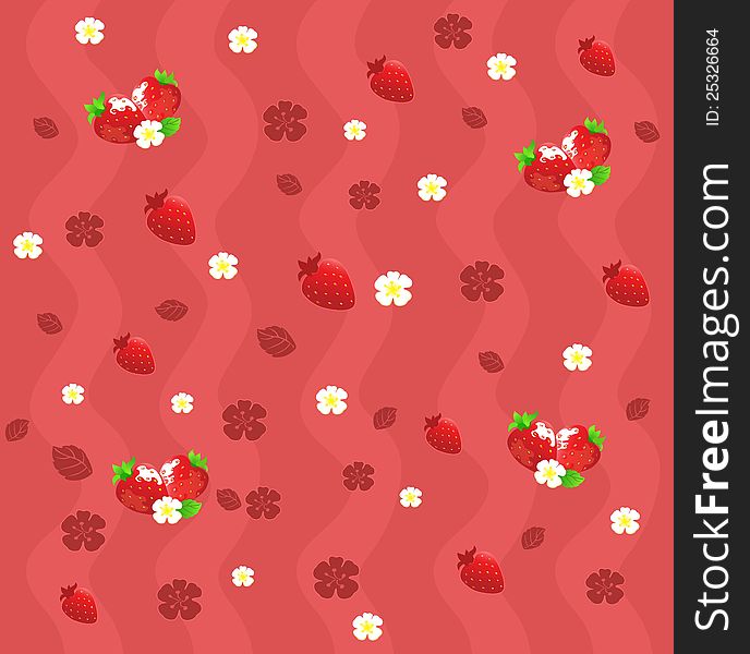 Berries and strawberry flowers on a pink background