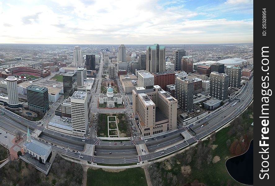 Aerial View of the city of Saint Louis, Missouri as seen fron the top of the arch looking east