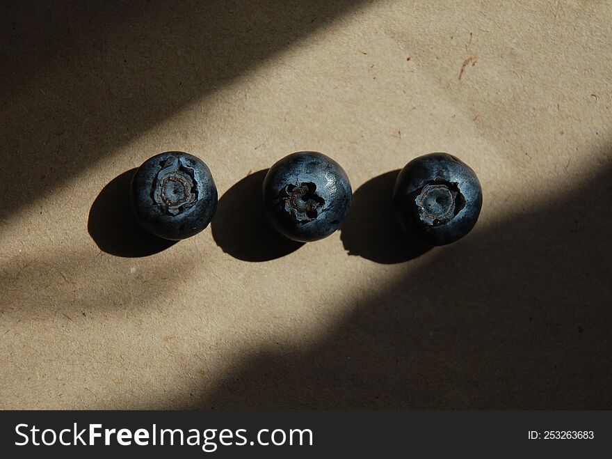 Three blueberries in the rays of light.