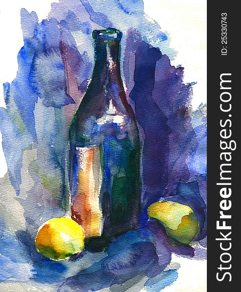 Watercolor still life with a bottle and fruit.