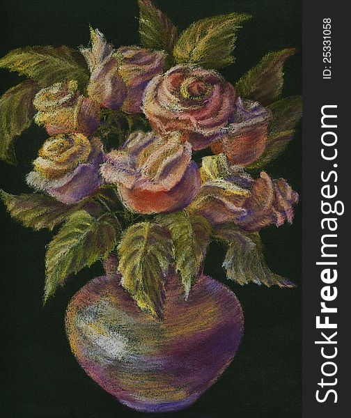 Pastel drawing of a bouquet of roses in a vase.