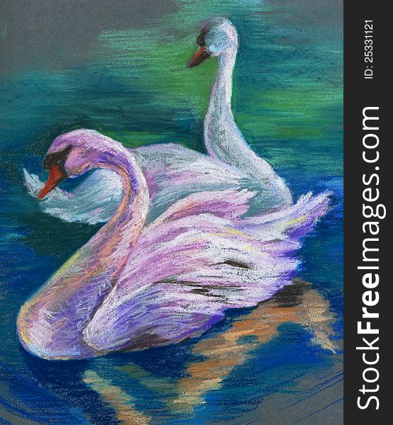 Pastel drawing of a two swans.