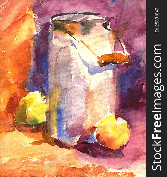 Watercolor with a carrier can and apples.