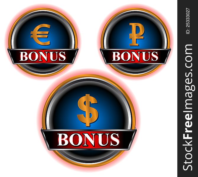 Three dark blue bonus of an icon in the form of currencies of dollar, euro and ruble. Three dark blue bonus of an icon in the form of currencies of dollar, euro and ruble