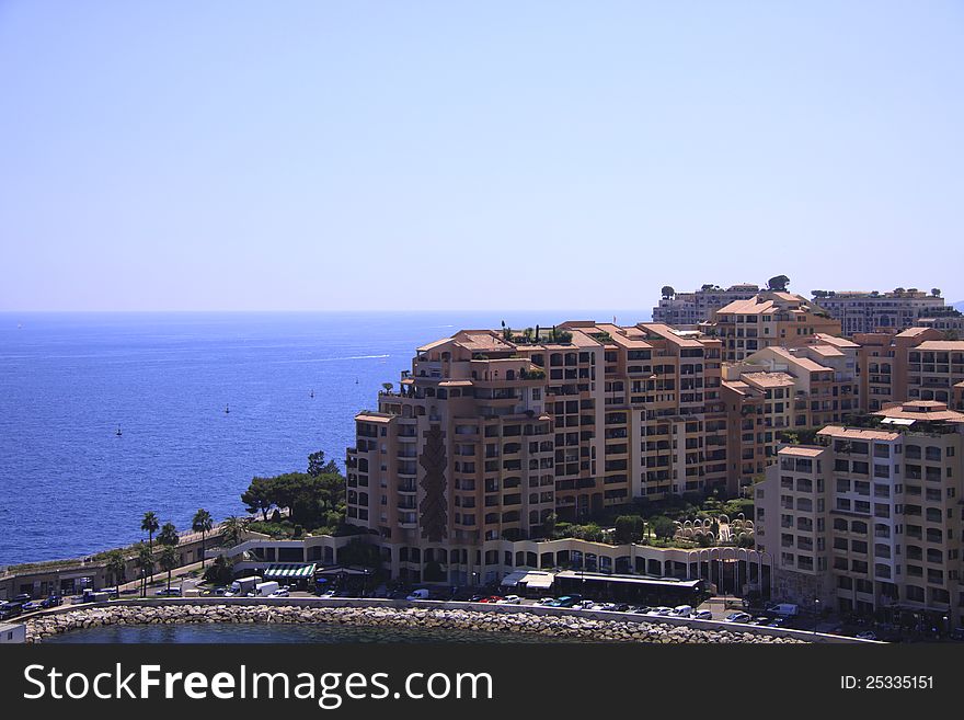The complex multi-storey houses on the beach. Monaco