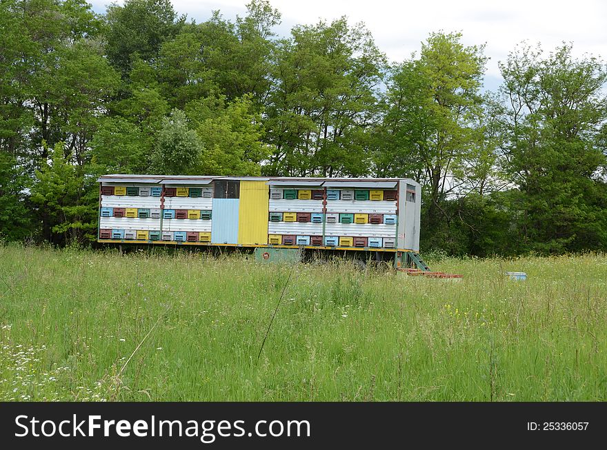 Bee hive car on sunny hill. Bee hive car on sunny hill