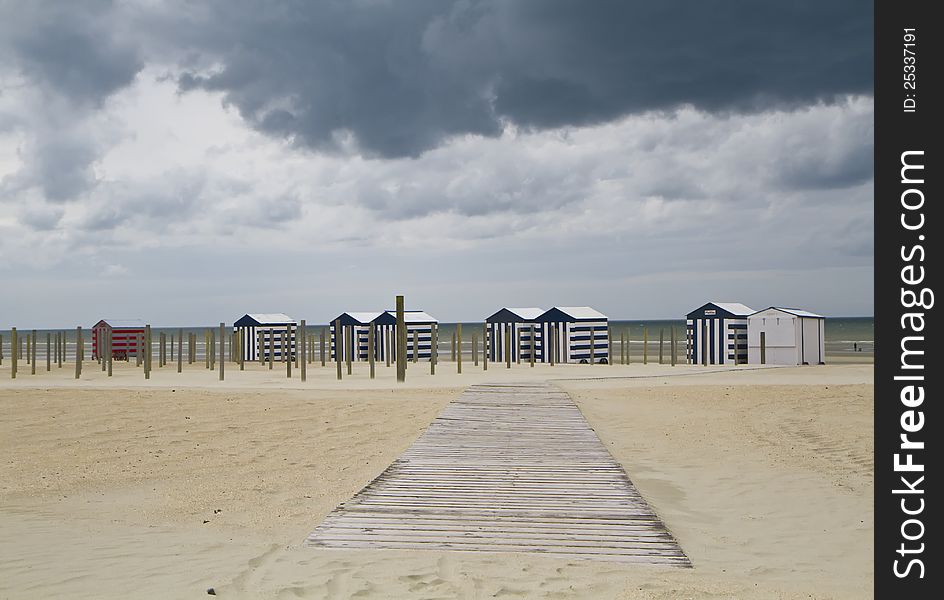 Beach Landscape with wooden beach huts. Beach Landscape with wooden beach huts