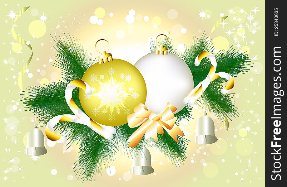 Background with realistic fir branch and baubles