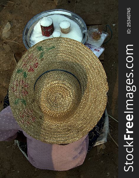 Burmese Woman Selling Coconut