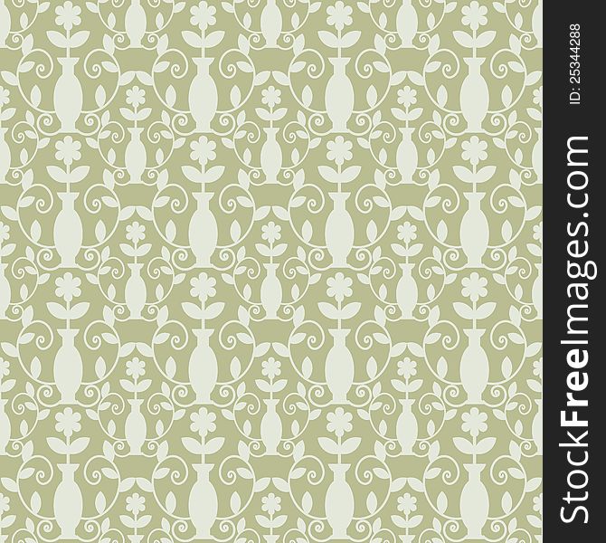 Seamless grey damask background with vases. Seamless grey damask background with vases