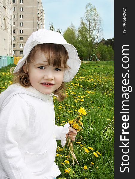 Cute little girl holds yellow dandelions