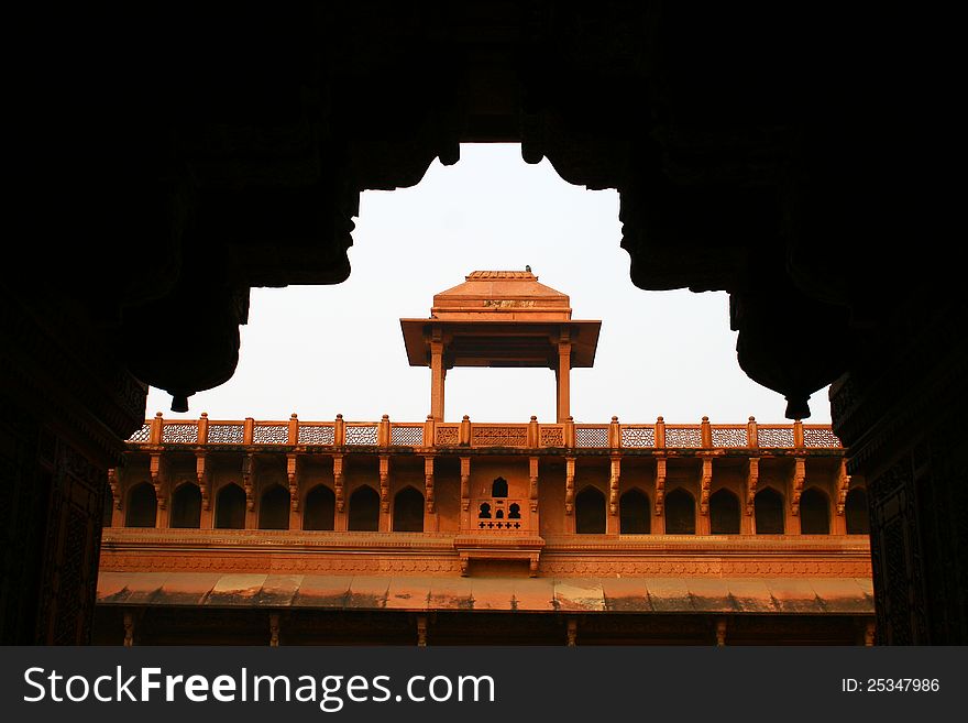 Outside Architecture of the Red Fort Agra, India. Pink sandstone carving in red Fort Agra, India. Ornaments in Indian architecture found in ancient buildings