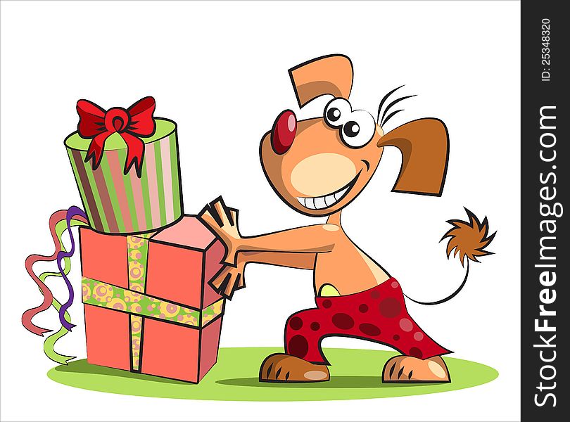 Dog and boxes of presents,  on white, illustration