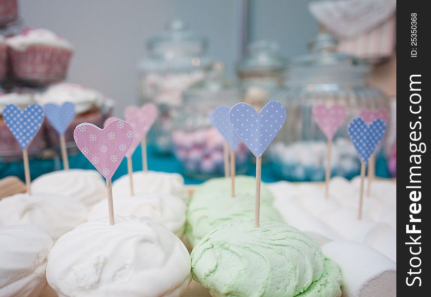 Green and White Marshmallows  with hearts on a stick,. Green and White Marshmallows  with hearts on a stick,