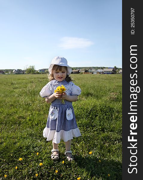 Happy little girl wearing dress holds yellow dandelions on green field. Happy little girl wearing dress holds yellow dandelions on green field