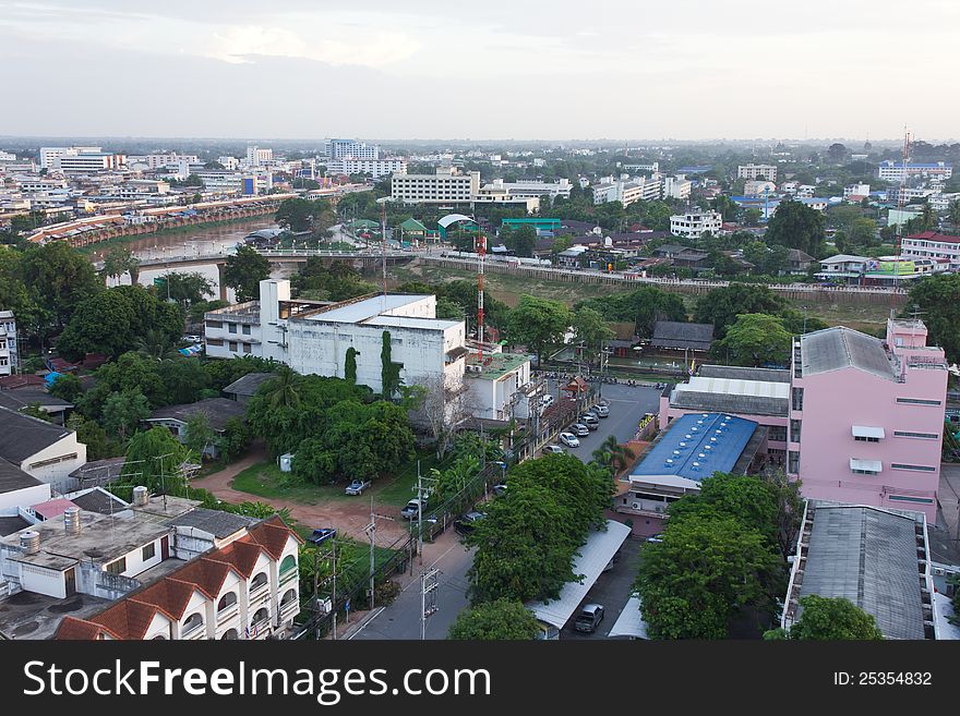 From the top of the buildings in Phitsanulok Province of Thailand in the evening. From the top of the buildings in Phitsanulok Province of Thailand in the evening.