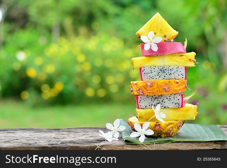 Tower of pineapple and dragon fruit slide