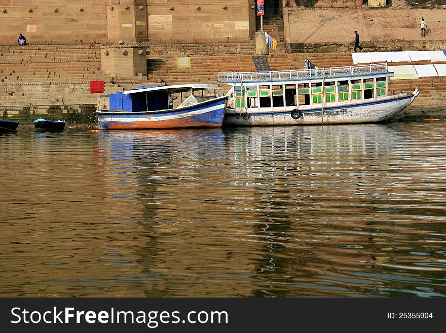 Boats in Gangas river bank, Ghats, Varanasi India