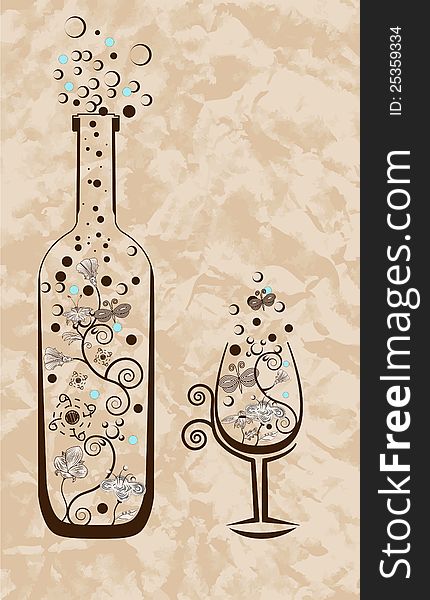 Wine bottle and glass. Abstract illustration.