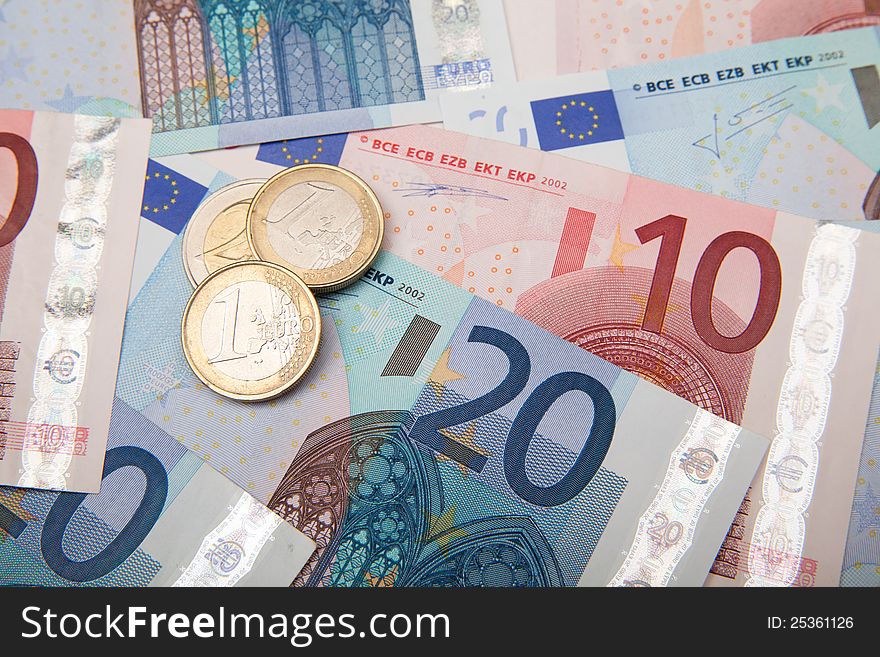 Euro coins and banknotes. symbol finance success and rich