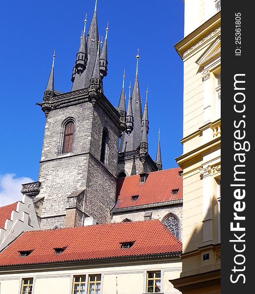 The towers of the Tyn Church in Prague. The towers of the Tyn Church in Prague