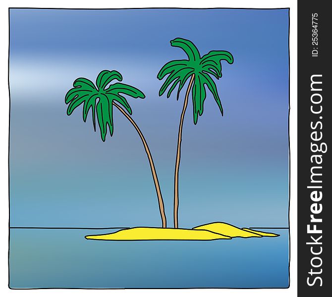 Nice cartoon style view of small island with two palms