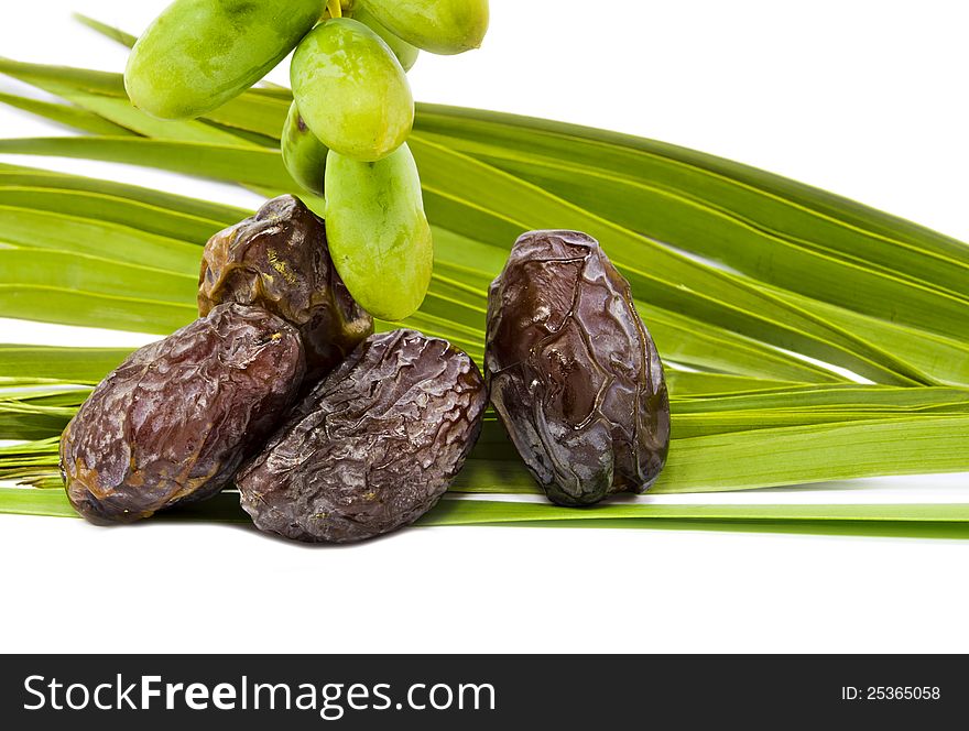 Dates and palm's leaves isolated on white background. Dates and palm's leaves isolated on white background