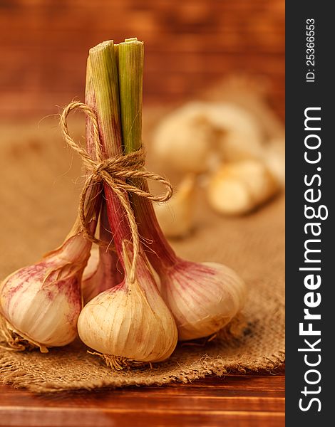 Bunch of summer garlic on burlap background