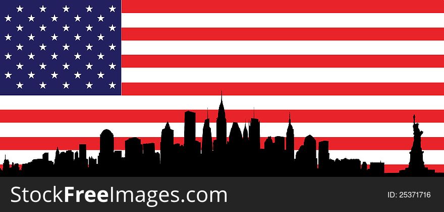 Vector of skyline over new york city on the background the flag of united states of america. Vector of skyline over new york city on the background the flag of united states of america