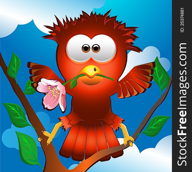 Bird sits on a tree and holds a flower in a beak. Bird sits on a tree and holds a flower in a beak