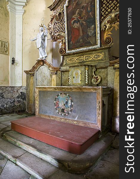 Altar with religious symbols in the old church