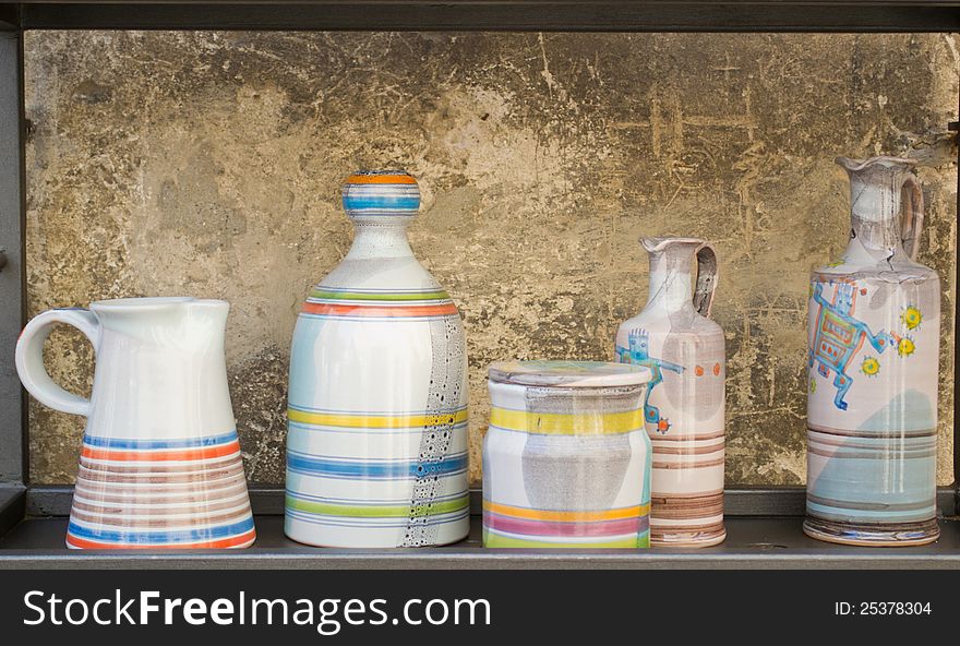 Colorful painted pottery on display in Orvieto, a regional specialty.