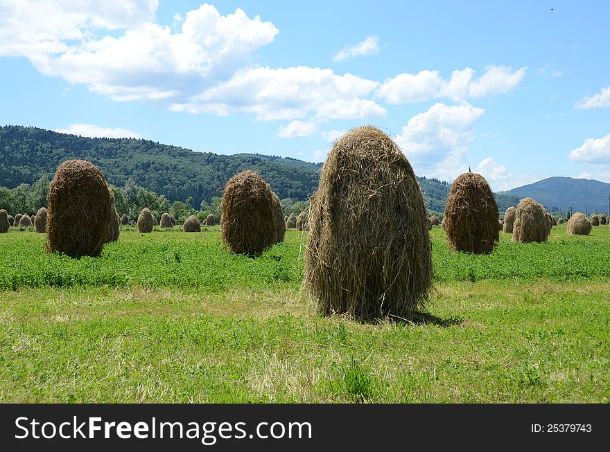 Haycock on green hill and forest rural agriculture. Haycock on green hill and forest rural agriculture