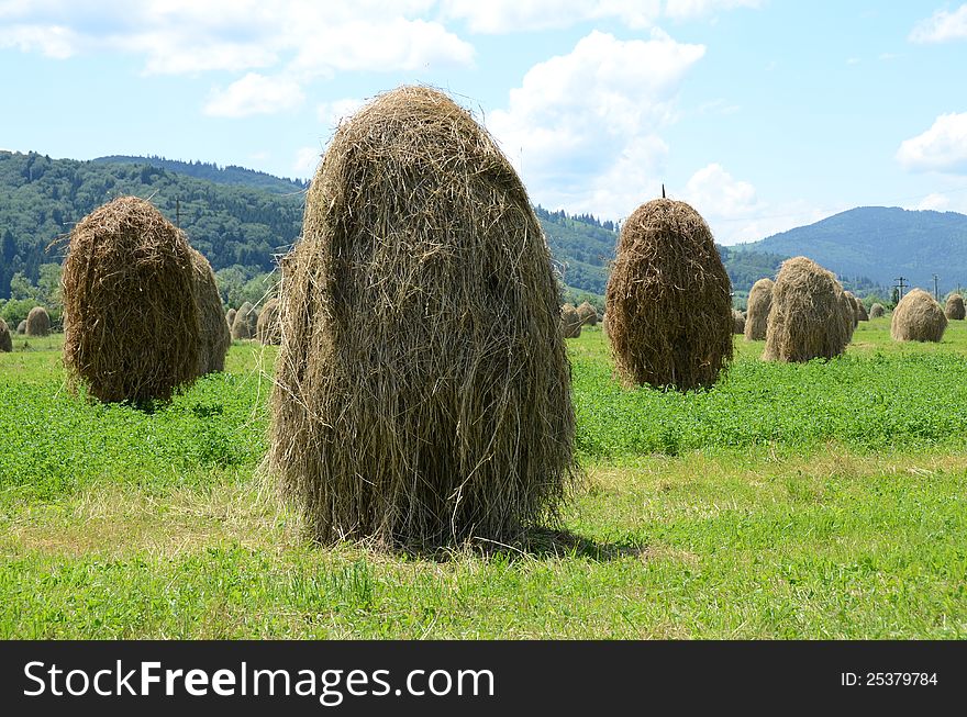 Haycock on green hill and forest rural agriculture. Haycock on green hill and forest rural agriculture