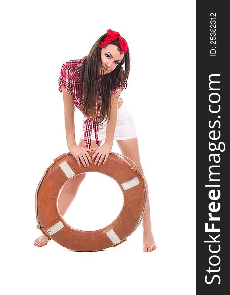Girl pin up style, with a lifebuoy, isolated on white background