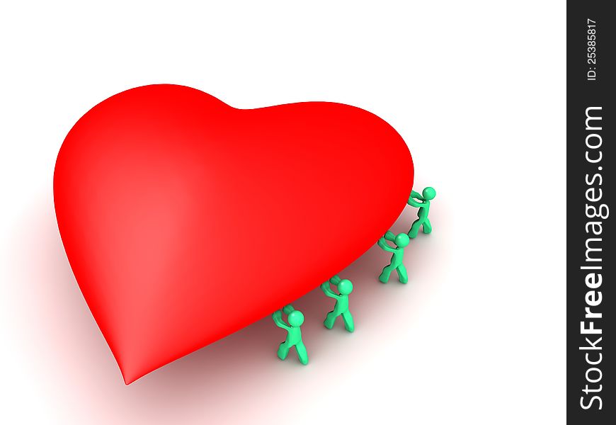 A group of cartoon men pushing a giant heart. A group of cartoon men pushing a giant heart