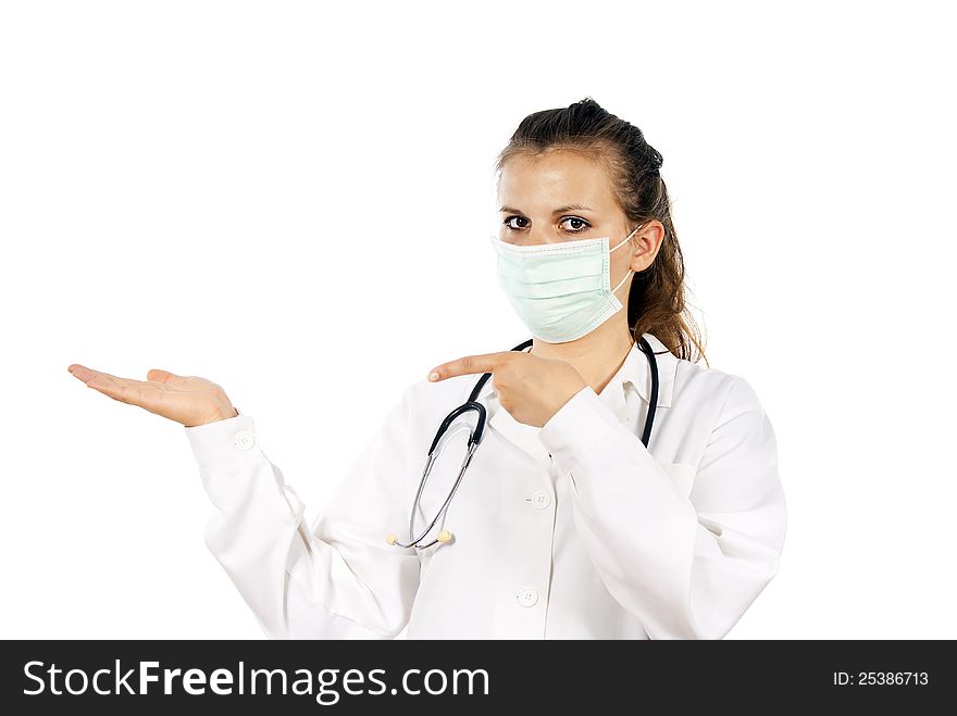Doctor Girl in the mask indicates the hand. Doctor Girl in the mask indicates the hand