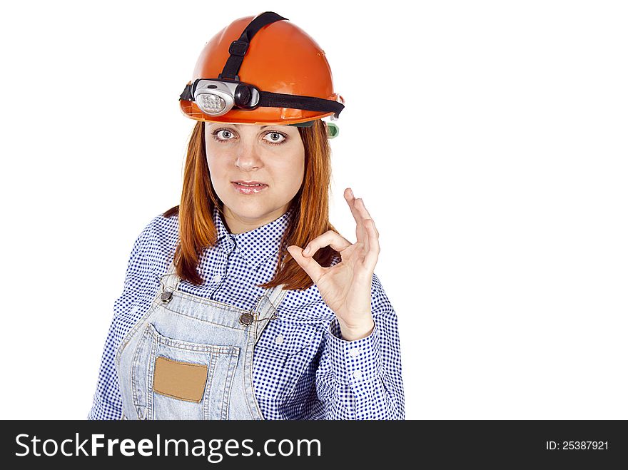 Girl points to the sign builder ok isolated