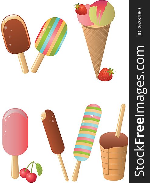 Ice cream set. Fruit and chocolate ice cream