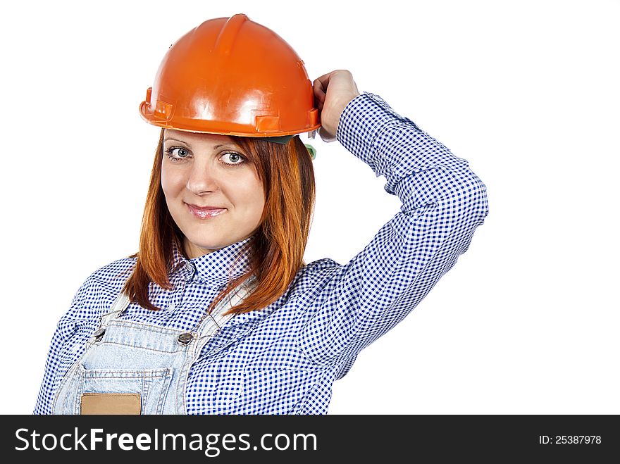 Happy beautiful girl to builder the helmet. Happy beautiful girl to builder the helmet