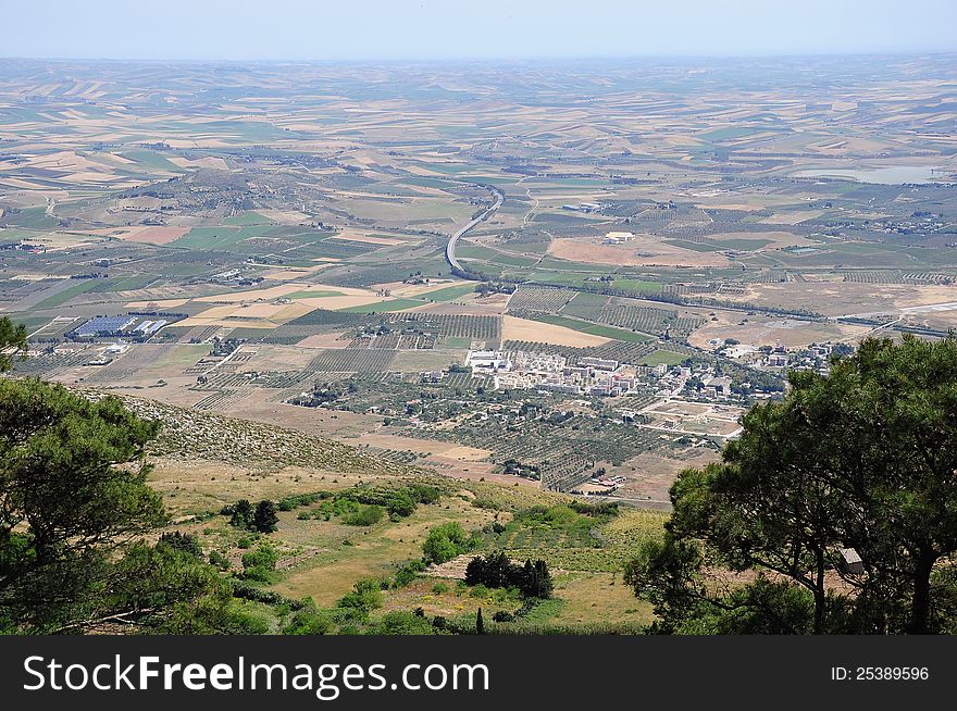 View of italian countryside from the Erice town. View of italian countryside from the Erice town.