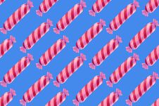 Flying Candy Sausage On Blue Background. Seamless Background Pattern Stock Images