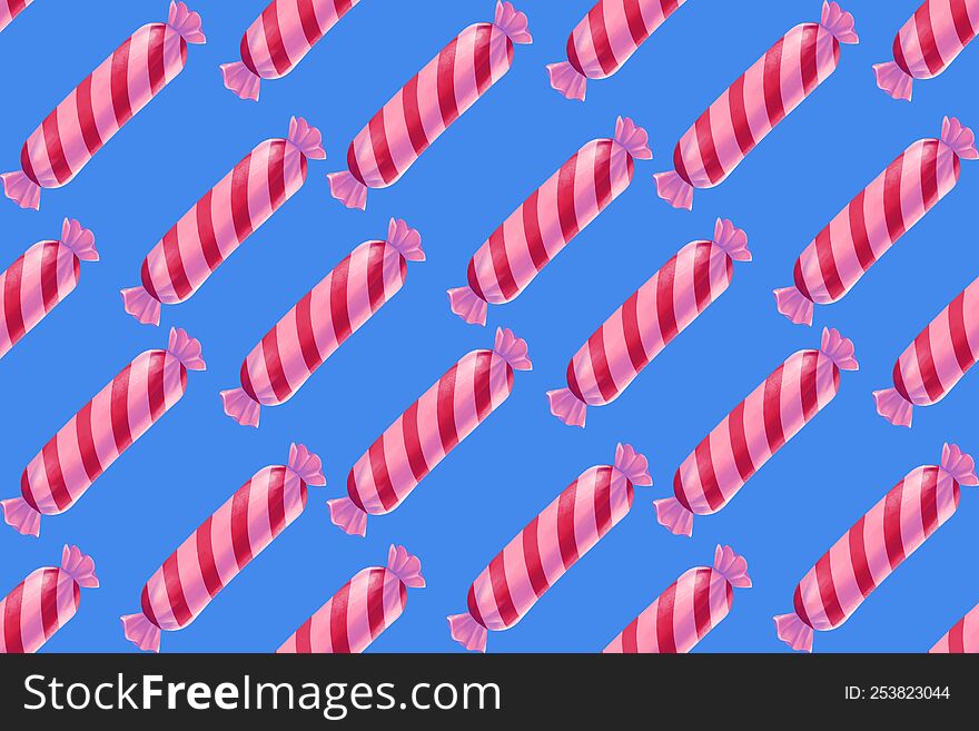 Flying Candy Sausage On Blue Background. Seamless Background Pattern