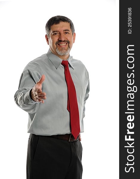 Mature Businesman offering handshake on a white background