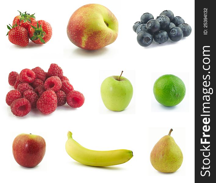 Collage made of various fruits on white background. Collage made of various fruits on white background