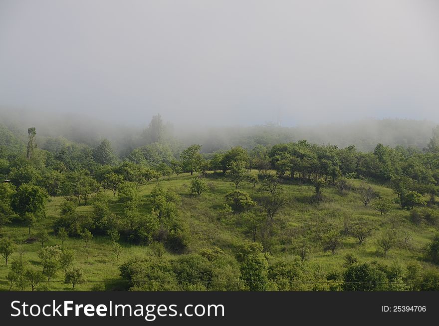 Hill foggy landscape with private property. Hill foggy landscape with private property