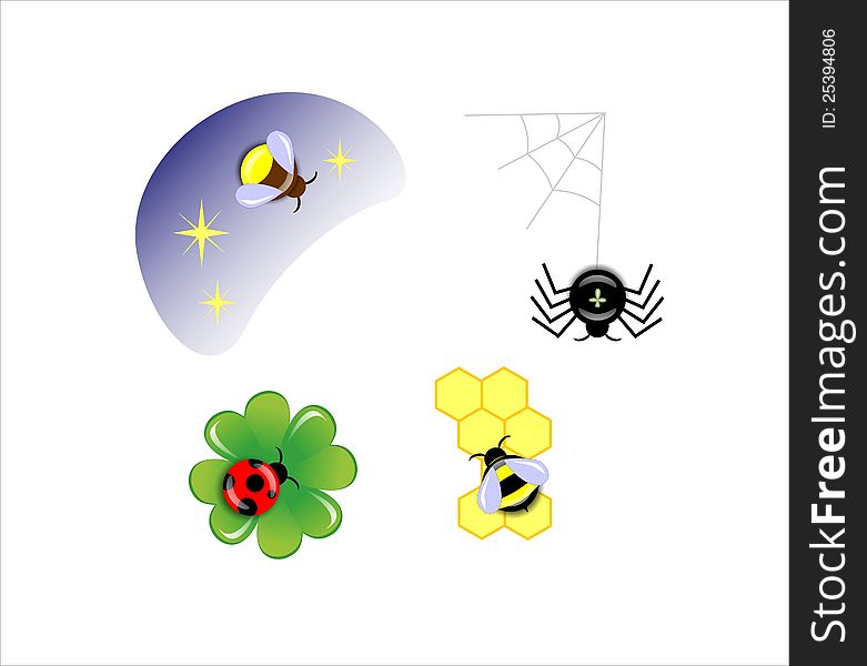 Drawn bugs, ladybug, bee, spider and firefly