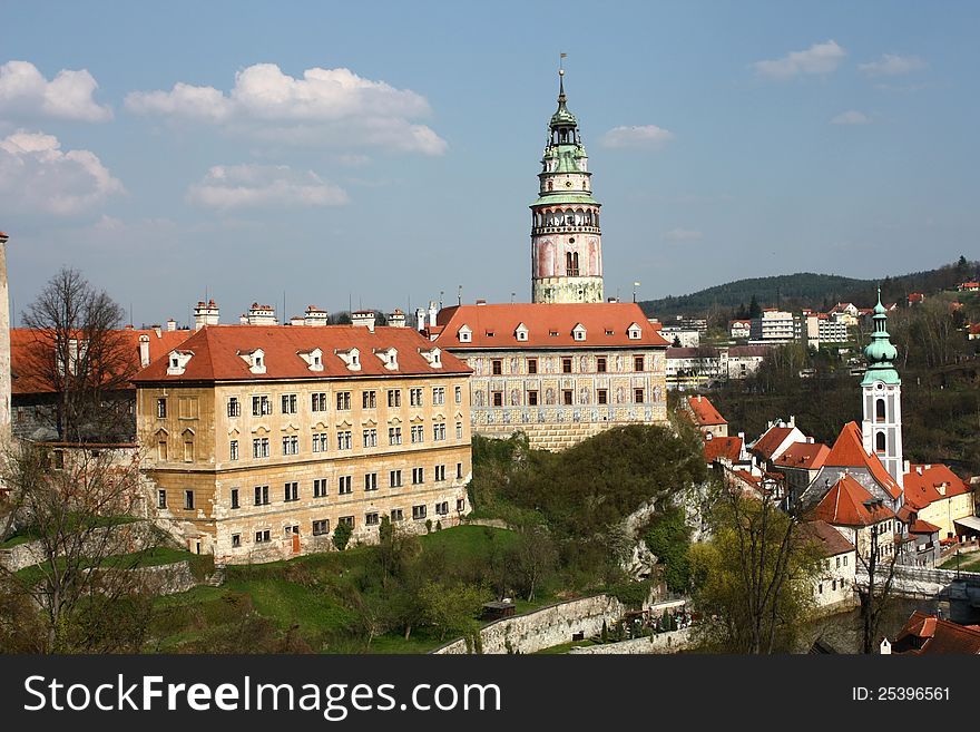 Panoramic view of the castle in czech krumlov in the spring. Panoramic view of the castle in czech krumlov in the spring